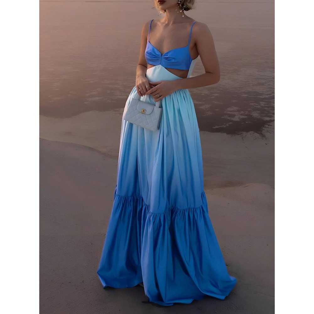 COMMENSE Blue Ombre Cutout Maxi Dress Open Back Sweetheart Tiered Size L